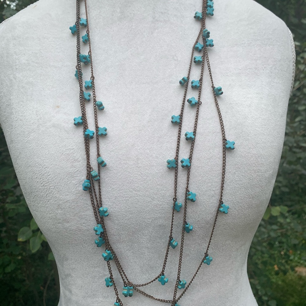 Faux Turquoise Crosses Layered Necklace & earring